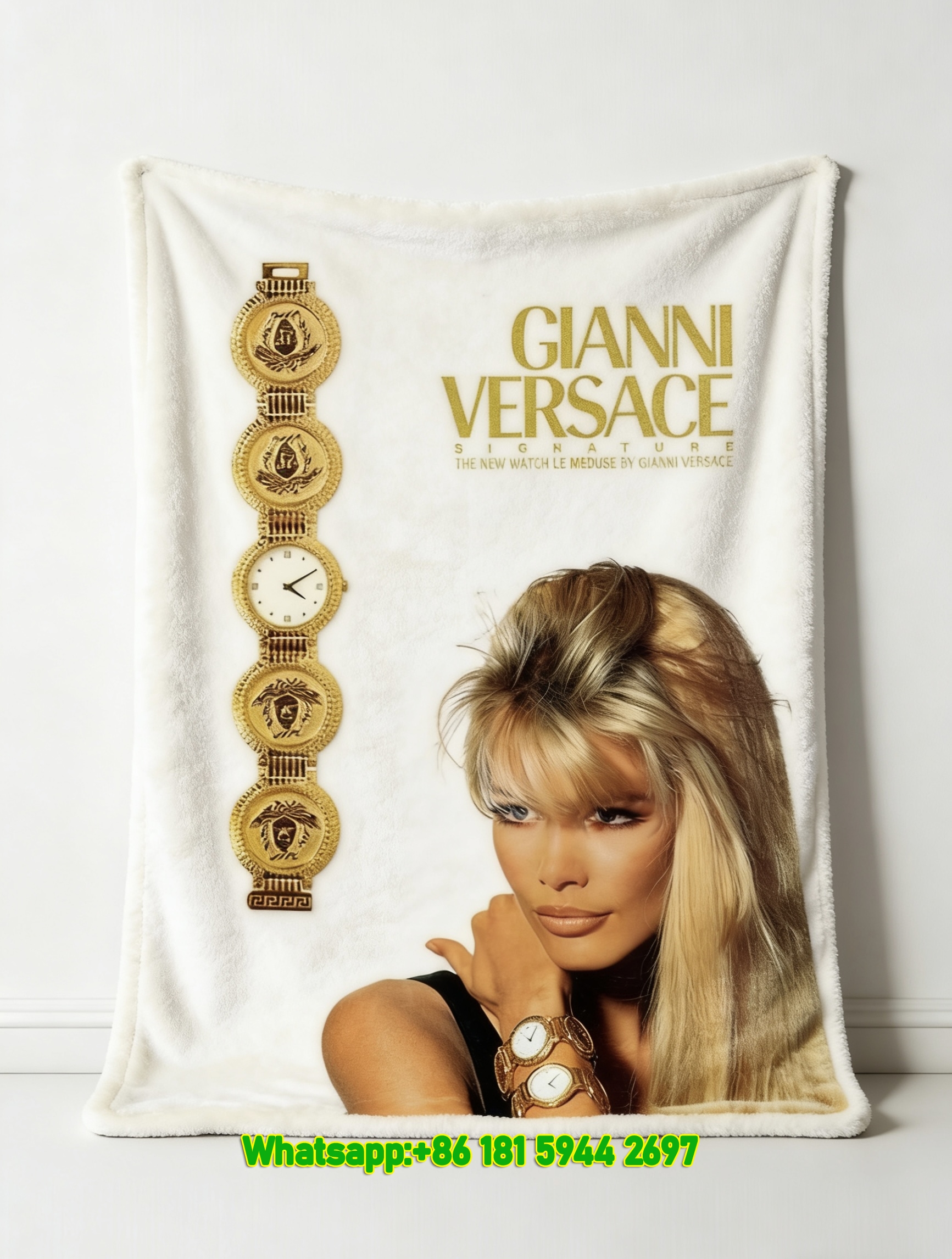 Versace Gianni Versace Signature Le Meduse Watch Print Flannel Throw Blanket Luxury Gold and White Sofa Cover Blanket IMG_1543